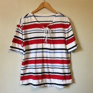 Preppy Cotton Nautical Striped Tie Up Collar Half Sleeve Tee